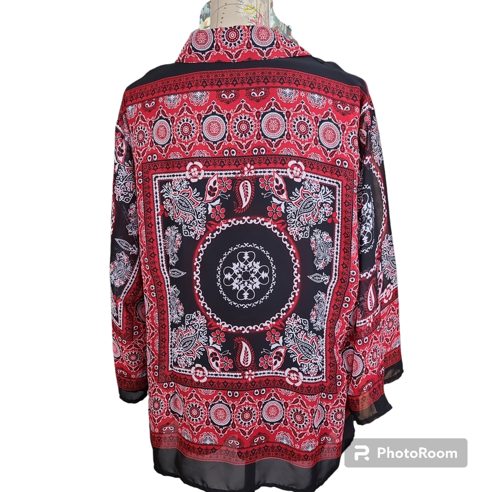NOTATIONS 2 Piece Set Sheer Button-Down Shirt-Tank Top Black Red Bandana Size 3X - Picture 3 of 10